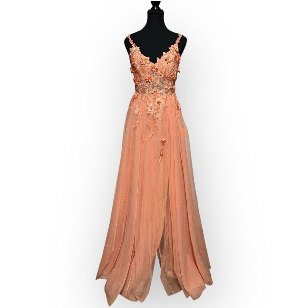 NWOT City Triangles Womens Peach Sparkly Floral Maxi Dress Size 7 Juniors